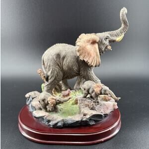 Vintage UGC Hand Crafted Resin Elephant Family Figurine On Wooden Base Trunk Up